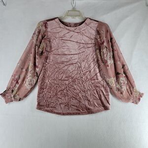Tru Luxe Jeans Mauve Velvet‎ Floral Long Sleeve Top Mixed Media Romantic Boho XS